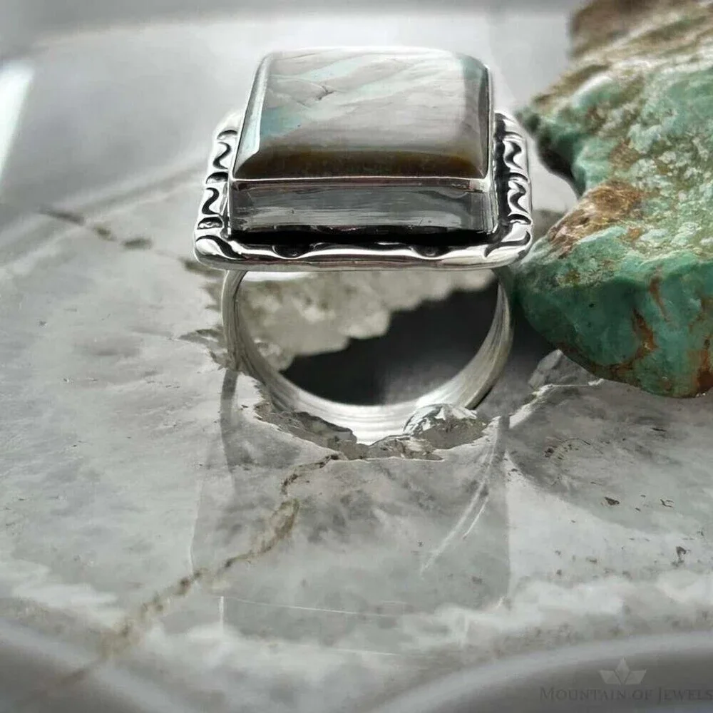 Native American Sterling Rectangle Boulder Ribbon Turquoise Bar Ring Size 7.25